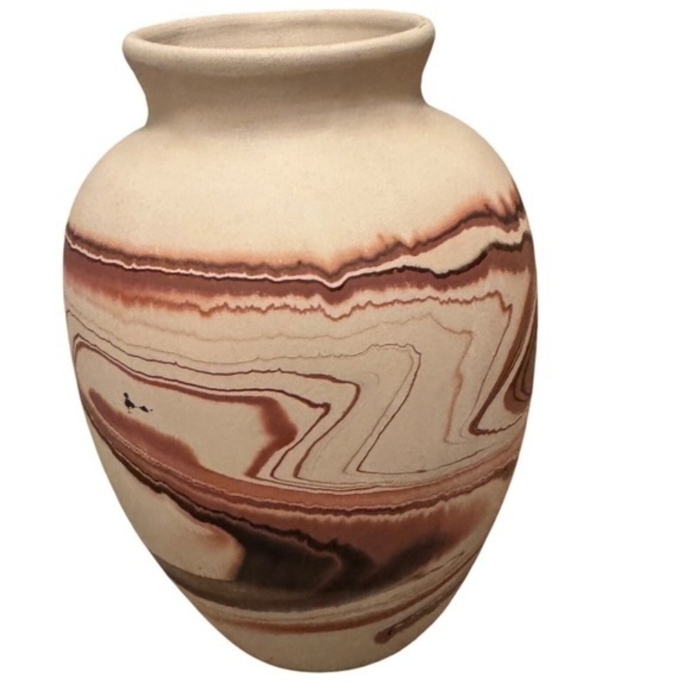 Nemadji Pottery Indian River Handmade USA Swirled Clay Vase Brown Bisque MCM VTG